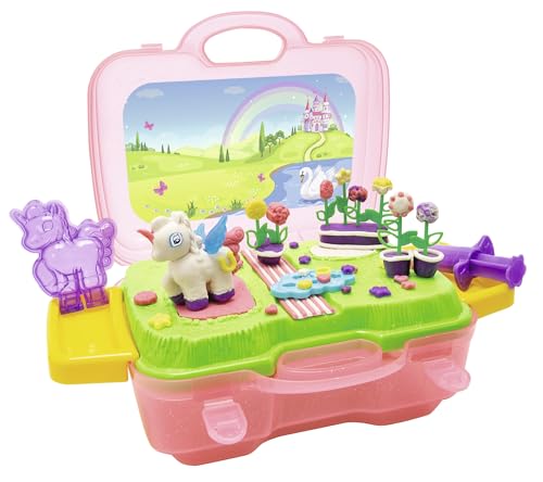 Simba und Fun Knetset Einhorn im Koffer / Plattform zum Bespielen / 4x30g Knete / 15 Teile / Einhornform / Für Kinder ab 3 Jahren von Simba