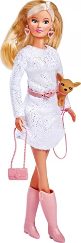 Simba 105733508 - Steffi Love Chic Walk, Puppe in einem modischen Kleid, mit Ohrringen, Gürtel, Tasche und ihrem Hund, 29cm Spielpuppe, für Kinder ab 3 Jahren von STEFFI LOVE