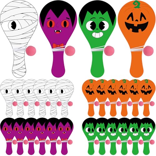 Simgoing 24-teiliges Halloween-Paddelbälle-Set aus Holz mit 4 gruseligen Designs, Mama, Vampir und Kürbis von Simgoing
