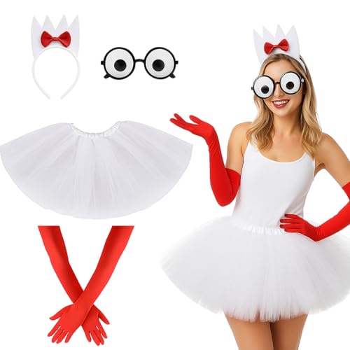 Simgoing 4-teiliges Halloween-Kostüm-Zubehör, gabelförmiges Stirnband, Tutu-Rock, künstliche Augen, Brille mit roten Handschuhen für Erwachsene, Frauen, Cosplay-Party von Simgoing