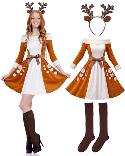 Simlakey Damen Rentier Halloween Cosplay Kostüm Set Erwachsene Rentier Kleid Geweih Stirnband mit Socken Party Verkleidung (M) von Simlakey