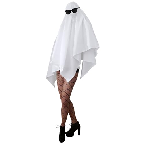 Simlakey Geister-Halloween-Kostüm für Damen, Erwachsene, weißer Geister-Poncho mit Brille, Netzstrümpfe für Halloween, Cosplay, Party von Simlakey