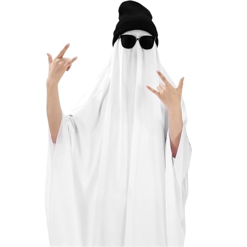 Simlakey Halloween-Hip-Hop-Geister-Kostüm-Set, weißer Umhang mit schwarzer Sonnenbrille, Hut, Halskette, Geisterkleid, Cosplay (L) von Simlakey