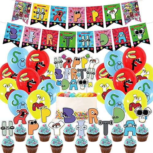 Alphabet Geburtstagsparty Dekoration Alphabet Lore Thema Party Supplies einschließlich Banner Cupcake Toppers Ballons und Kuchen Topper Kinder Mädchen Jungen Thema Party Dekorationen von Simmpu