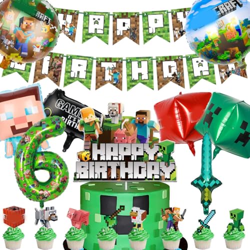 Videospiel Geburtstag Deko Set 18 Stück, 6 Jahre Videospiel Geburtstagsdeko,Game Party Balloon, Gaming Aluminiumfolie Luftballon,Spiel Party Sets,Happy Birthday Banner,Game Torten Deko Kit von Simmpu