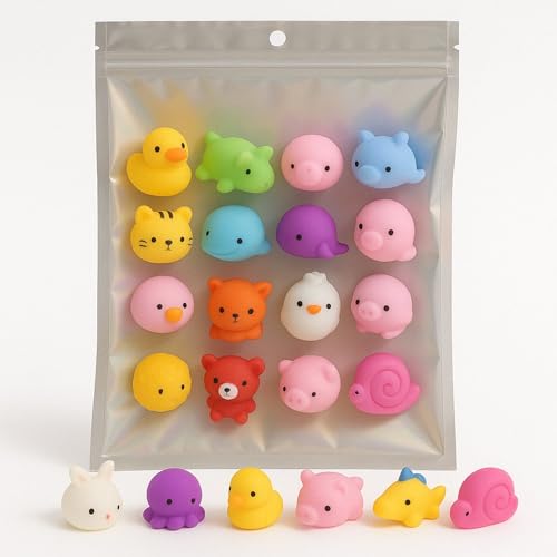 Squishy Tiere, 21 Stück, Geburtstagsgeschenke für Kinder, Schule, Anti-Stress-Spielzeug für Partys und Geburtstage (Regenbogenbeutel, 21) von Simple Fun
