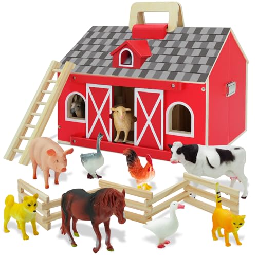 SimpliPlay Bauernhoftier-Spielzeug mit tragbarer, großer Holzscheune für Kinder ab 3 Jahren, 10 Stück Bauernhoftier-Figuren für Jungen, Mädchen, Tierliebhaber,Geschenk für Kinder von SimpliPlay