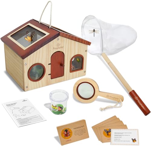 Simpliplay Kinder Forscherset & Bug Catcher für Kinder, Outdoor-Spielzeug mit tragbaren hölzernen Bug Habitat, Netz, vergrößerte Viewer, Beobachtung Cup, 15 Insekt Karten für Jungen Mädchen Geschenk von SIMPLIPLAY