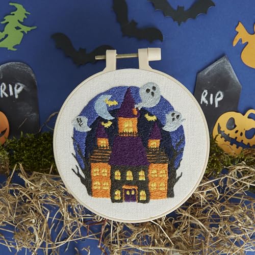 Simply MAKE Stickerei nach Zahlen Kit, Spukhaus Halloween Bastelset, Stich- und Nähset, inklusive Stickgarne, Bastelsets für Erwachsene, Stickset mit Stickrahmen von Simply MAKE