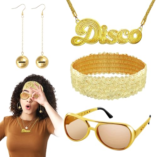 Simsky Disco outfit damen 70er Jahre Damen Accessoires Set - Disco Outfit mit Ohrringen, Halskette, Sonnenbrille & Pailletten-Stirnband von Simsky