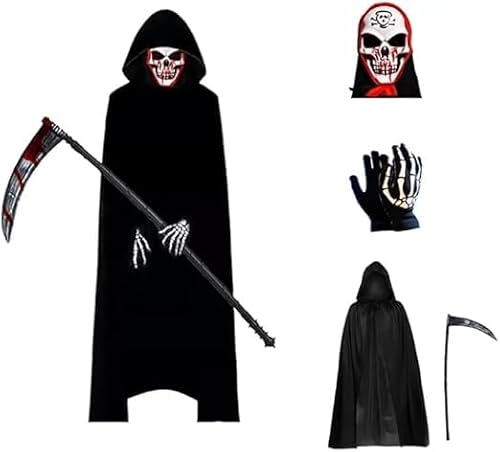 Simsky Sensenmann Halloween Kostüm Set, Schwarzer Umhang mit Totenkopfmaske und Handschuhen, für Erwachsene und Kinder Simsky Sensenmann Halloween Kostüm Set, Schwarzer Umhang mit Totenkopfmaske und Handschuhen, für Erwachsene und Kinder von Simsky