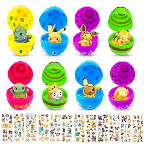 Sinaikepoo 8 Stück Pokmen Ostereier zum Befüllen mit Cartoon Figuren, Befüllbare Ostereier, Plastik Ostereier mit Spielzeug Gefüllte Ostereier, 3D Sticker Kinder Ostergeschenke Kinder von Sinaikepoo