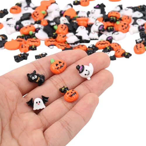100 Stück Mini Halloween Figuren, Kleine Kürbisse Schwarze Katzen & Geister aus Harz als Halloween Deko Winzige Feengarten Ornamente für Drinnen & Draußen von Sinbana