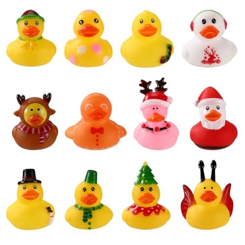 12stk Kleine Enten, Entzückende Sortierte Kleine Weihnachtsenten aus Gummi Lustiges Gummispielzeug mit Weihnachtsmotiv Geeignet für Büro Zuhause Partydekoration von Sinbana