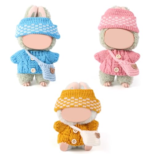 3 Set 17cm Puppen Outfit, Inklusive Strickmützen mit Bündchen Strickpullover mit Knöpfen und Gehäkelter Umhängetasche Winter-Plüschtier-Kleidungsset Keine Puppe enthalten(Rosa, Blau, Gelb) von Sinbana