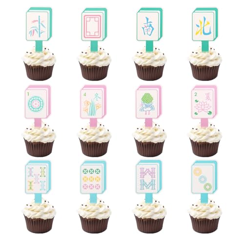 48stk Mahjong Cupcake Figuren, Mahjong Cupcake Picks Lustiges Thema Kuchensdekorationen für Geburtstag Spielabend Thematische Party-Zubehör von Sinbana