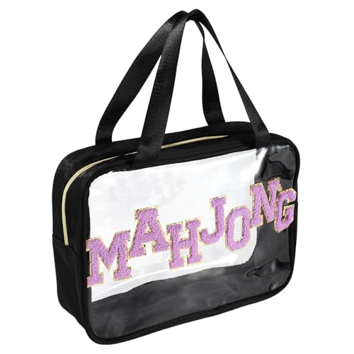 Leere Mahjong Tasche, 30x22x9cm Transparente Amerikanische Fliesentasche mit Glattem Reißverschluss und Eingenähten Chenille-Schriftmustern für Spieleliebhaber(Nur Tasche, Schwarz) von Sinbana