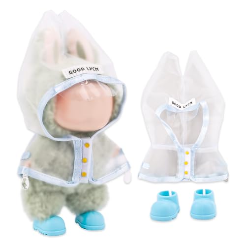 Puppen-Regenmantel und Regenstiefel Set, Mini Transparente Regenjacke mit Blauen Stiefeln Süßes Regen-Outfit für 10-17cm Sammelpuppen Kleidung Zubehör (Keine Puppe) von Sinbana