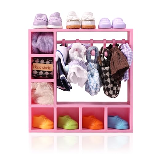 Puppengarderobe, 15,7x15,6x3,8cm Puppenkleiderschrank aus Kunststoff mit 7 Würfeln und 10 Kleiderbügeln zum Ordnen Kleidung Schuhen Hüten Allen Arten Puppenoutfits und Accessoires(Rosa) von Sinbana