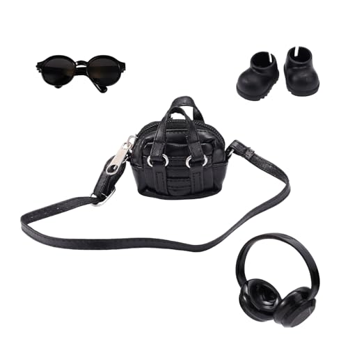 Puppenkleidungs Zubehörset, Schwarze Umhängetasche aus PU Leder Sonnenbrille Schuhe Kopfhörer Süßes und Stilvolles Spielzeugkostüm Zubehör für Puppendekoration und Präsentation von Sinbana