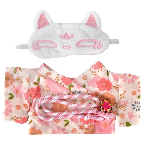 Puppenkleidungsset für 17cm Plüsch, Rosa Japanischer Kimono Outfit mit Gürtel & Fuchsmaske Kawaii Kostümzubehör für Puppenfans und Sammler von Sinbana