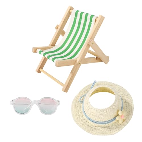 Sinbana 17cm Puppenzubehör Set, Holz Mini Klapp-Strandstuhl Kunststoff Miniatur Sonnenbrille Sonnenhut für Puppendekoration Puppenhaus von Sinbana