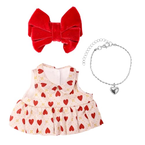 Sinbana 3stk 17cm Puppen Kleid Set, Süßes Ärmelloses Kleid mit Roten Samtschleifenclips und Silberner Herzförmiger Halskette Retro-Stil Outfits und Accessoires für Sammler(Keine Puppe Enthalten) von Sinbana
