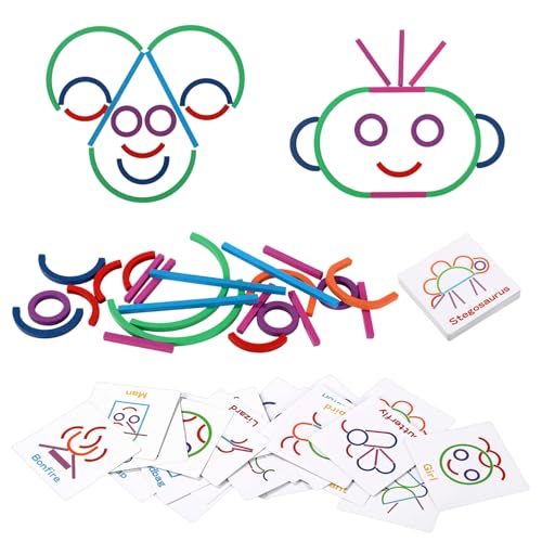 Sinbana Bauspielzeug Stäben und Ringen, Premium Puzzle Stäbe und Ringe mit 30 Doppelseitigen Karten Lustiges Spielzeug zur Feinmotorik Geeignet für Kindergarten Vorschule Kinder von Sinbana