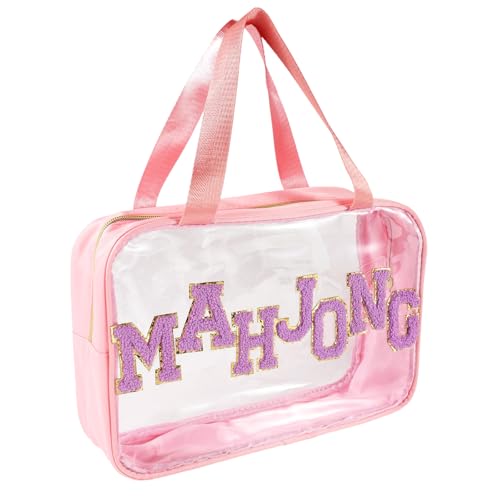 Sinbana Leere Mahjong Tasche, 30x22x9cm Transparente Amerikanische Fliesentasche mit Glattem Reißverschluss und Eingenähten Chenille-Schriftmustern für Spieleliebhaber(Nur Tasche, Rosa) von Sinbana