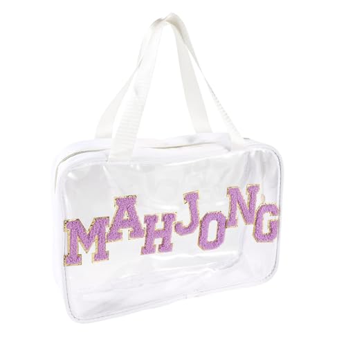 Sinbana Leere Mahjong Tasche, 30x22x9cm Transparente Amerikanische Fliesentasche mit Glattem Reißverschluss und Eingenähten Chenille-Schriftmustern für Spieleliebhaber(Nur Tasche, Weiß) von Sinbana