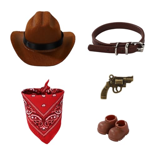 Sinbana Western Cowboy Outfit für Puppen, Stylische Puppenkleidung mit Cowboyhut Latzschuhen Gürtel und Kleiner Pistole Spielzeugkostüm Zubehör zur Dekoration und Präsentation von Sinbana