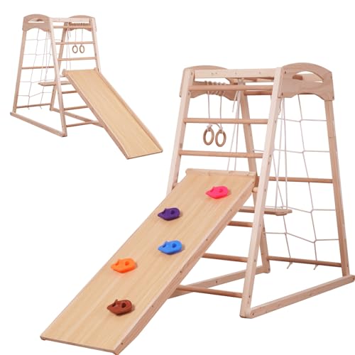 Sinbide 7-in-1 Multifunktionales Hochwertiges Holz-Klettergerüst, Kinder-Indoor-Turnhalle mit Rutsche, Kletternetzen, Kletterfelsen, Turnringen, Stangen, Leitern und Schaukeln，mittelgroße Spielplätze von Sinbide