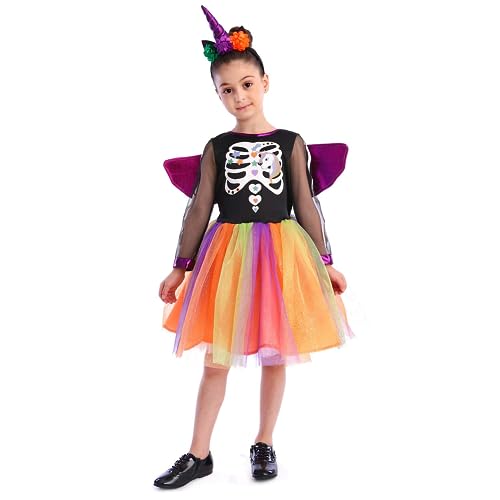 Einhorn Skelett Hexenkostüm, kreatives und elegantes Halloween Kostüm für Mädchen 5-6Jahre von Sincere Party