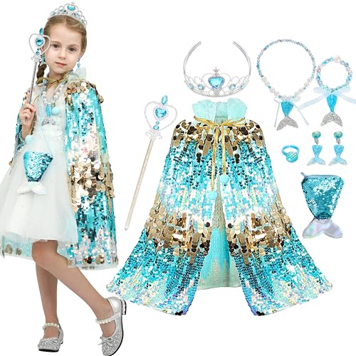 Sincere Party 10pcs Meerjungfrau Pailletten Blau Prinzessin Cape mit Tasche, Schmuck Großes Geschenk für kleine Mädchen 3-8 Jahre von Sincere Party