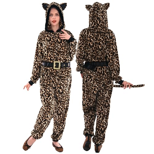 Sincere Party Geparden-Einteiler für Damen, gemütlicher und warmer Fleece-Einteiler mit frecher Katze, für Halloween, Weihnachten, Größe L Sincere Party Geparden-Einteiler für Damen, gemütlicher und warmer Fleece-Einteiler mit frecher Katze, für Halloween, Weihnachten, Größe L von Sincere Party