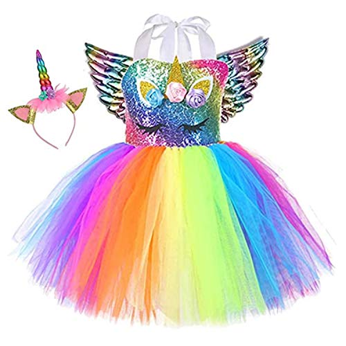 Sincere Party Girls Einhorn Tüll Tutu Kleid Flauschige Regenbogen Einhorn Geburtstagskleid mit Stirnband und Flügeln 4-5 Jahre. von Sincere Party