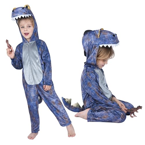 Sincere Party Grauer Sublimationsdruck T-Rex Dinosaurier Kostüm für kleine Jungen und Mädchen, Dinosaurier Oneise mit T-Rex Statue Spielzeug für 3-4 Jahre von Sincere Party