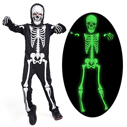 Sincere Party Im Dunkeln leuchtendes Skelett mit Knochen Skelettkostüm mit Handschuhen, gut für Kinder von 7–9 Jahren von Sincere Party