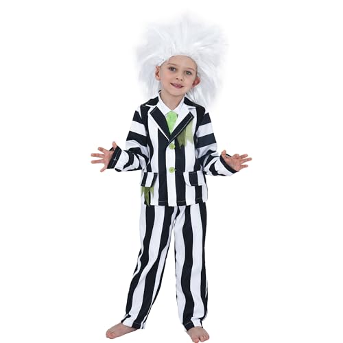 Sincere Party Klassisches Schwarz -Weiß -Streifenanzug Ghost -Kostüm enthält eine Jacke mit angeschlossenem Hemd, Krawatte, Perücke und passende Hose XXL(12-14) von Sincere Party