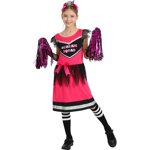 Sincere Party Scream Squad Cheerleader Kostümkleid mit Pompom, Strumpfhosen, Fischnetzhandschuhen, Schädelstirnband S(4-6) von Sincere Party