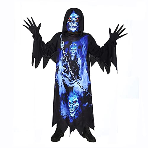 Sincere Party Sensenmann-Kostüm für Kinder, Phantom der Dunkelheit, gruselige schwarze Robe mit gruseligen Handschuhen, bedruckte Maske 10-12 Jahre. von Sincere Party