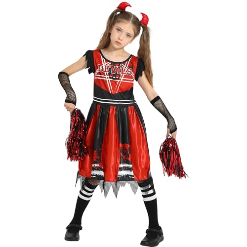 Sincere Party Zombie-Cheerleader-Kostüm Zombie Teufelskleid mit Pompom, Strumpfhosen, Fischnetzhandschuhen, Teufelshörnern Clips 2XL (12-14) von Sincere Party