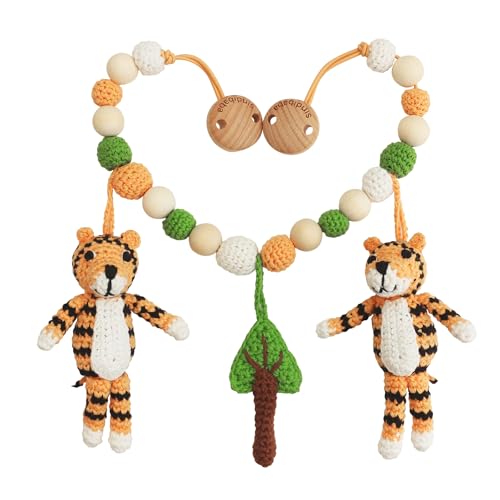 Sindibaba – Multifunktionale Kinderwagenkette Tiger Toni (50cm, orange, gehäkelt, mit Rasseln) – Nachhaltiges Babyspielzeug mit weichen Häkel-Stofftieren zum Aufhängen am Kinderwagen und Bettchen von Sindibaba