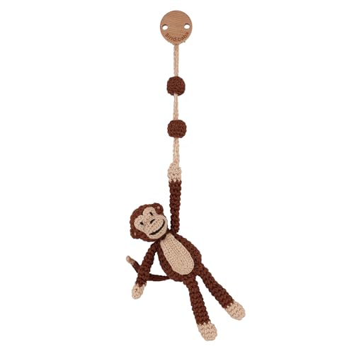Sindibaba – Multifunktionales Hängespielzeug AFFE Charlie (28 cm, Bio, gehäkelt, mit Rassel) – Nachhaltiges Babyspielzeug mit weichem Stofftier zum Aufhängen an Kinderwagen, Spielbogen und Bettchen von Sindibaba