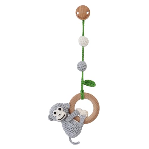 Sindibaba – Multifunktionales Hängespielzeug AFFE Charlie (grau, 23 cm, gehäkelt, mit Rassel) – Nachhaltiges Babyspielzeug mit weichem Greifling zum Aufhängen an Kinderwagen, Spielbogen & Bettchen von Sindibaba