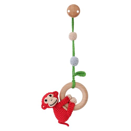 Sindibaba – Multifunktionales Hängespielzeug AFFE Charlie (rot, 23 cm, gehäkelt, mit Rassel) – Nachhaltiges Babyspielzeug mit weichem Greifling zum Aufhängen an Kinderwagen, Spielbogen & Bettchen von Sindibaba