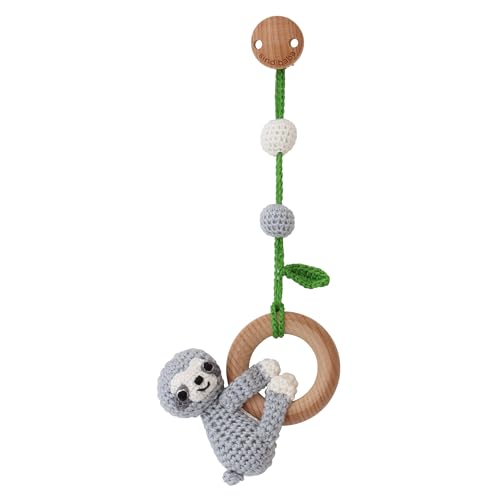 Sindibaba – Multifunktionales Hängespielzeug Faultier Sleepy (grau, 23 cm, gehäkelt, mit Rassel) – Nachhaltiges Babyspielzeug mit weichem Greifling zum Aufhängen an Kinderwagen, Spielbogen & Bettchen von Sindibaba
