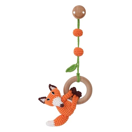 Sindibaba – Multifunktionales Hängespielzeug Fuchs FRED (Bio, orange, 23 cm, gehäkelt, Rassel) – Nachhaltiges Babyspielzeug mit weichem Greifling zum Aufhängen an Kinderwagen, Spielbogen & Bettchen von Sindibaba
