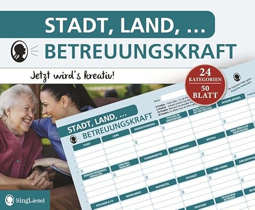 SingLiesel Stadt, Land, Betreuungskraft. Der beliebte Spieleklassiker für alle Betreuungskräfte | Stadt Land Fluss Spielblock | Lustige Fragen und knifflige Themen | Geschenk | Teamspiel für Kollegen von SingLiesel