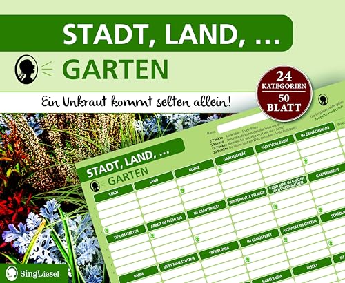 SingLiesel Stadt, Land, Garten. Der beliebte Spieleklassiker für alle Gartenfreunde | Stadt Land Fluss Spielblock | Lustige Fragen und knifflige Themen | Geschenk | Das Spiel für die ganze Familie von SingLiesel